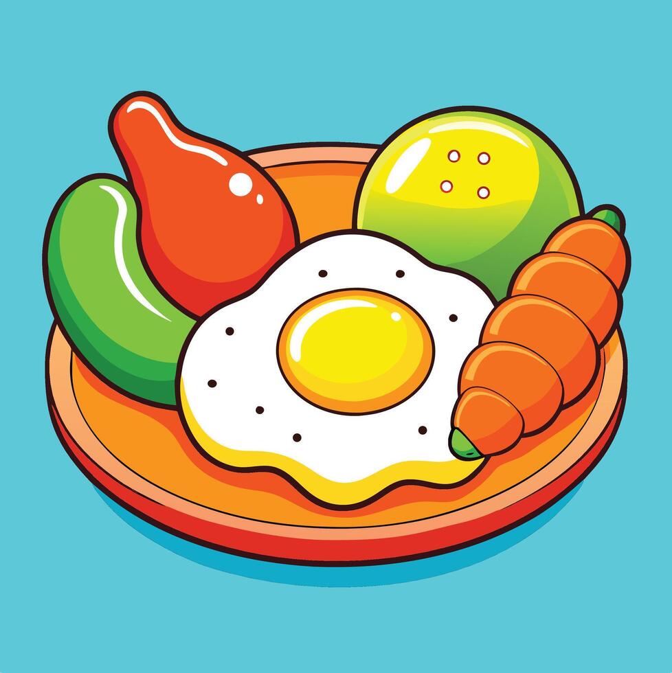 Cartoon Illustration Of Fried Egg,Vegetables,And Fruits On A Plate vector