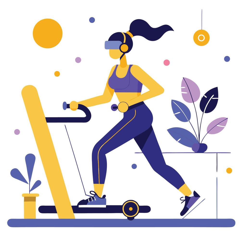Woman Running On Treadmill Wearing Vr Headset Graphic Illustration vector