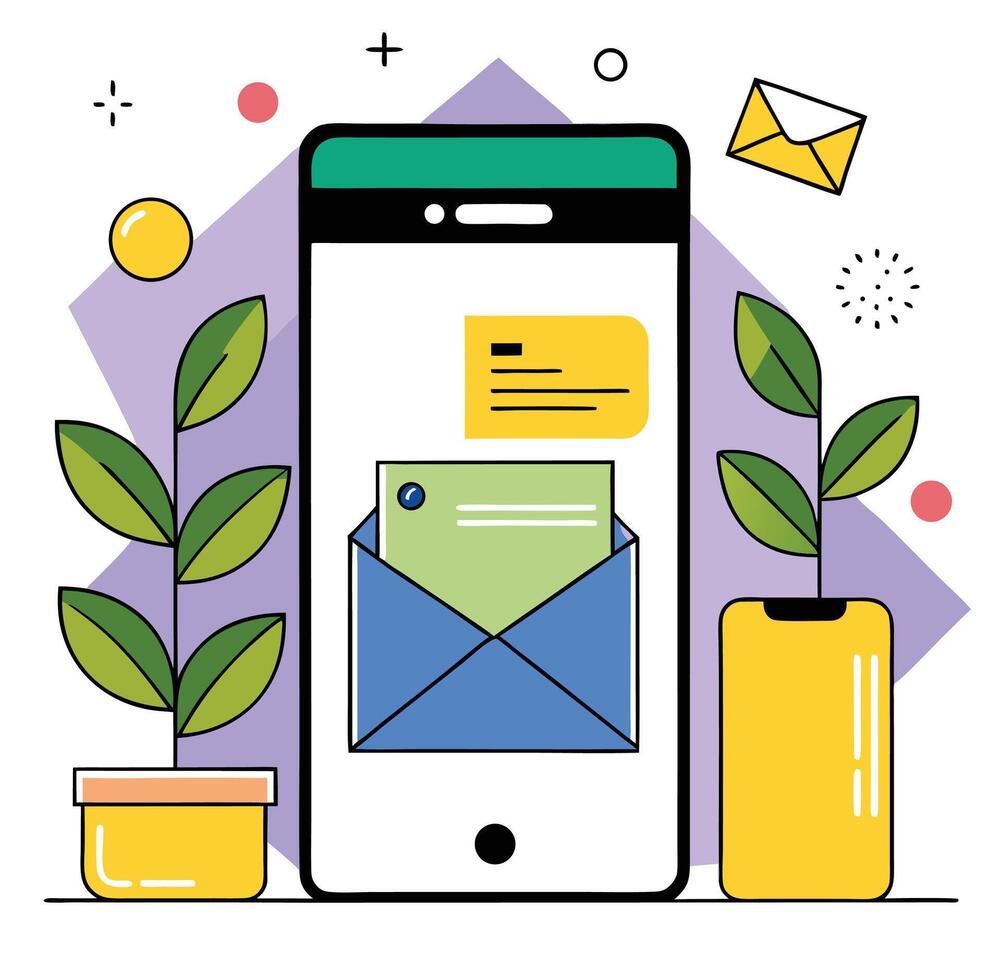 Modern Phone With Email Notification Plants And Geometric Shapes Illustration vector