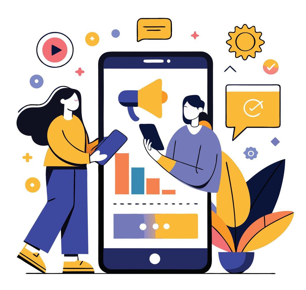 Mobile Marketing Strategy With Teamwork Digital Media And Social Promotion vector