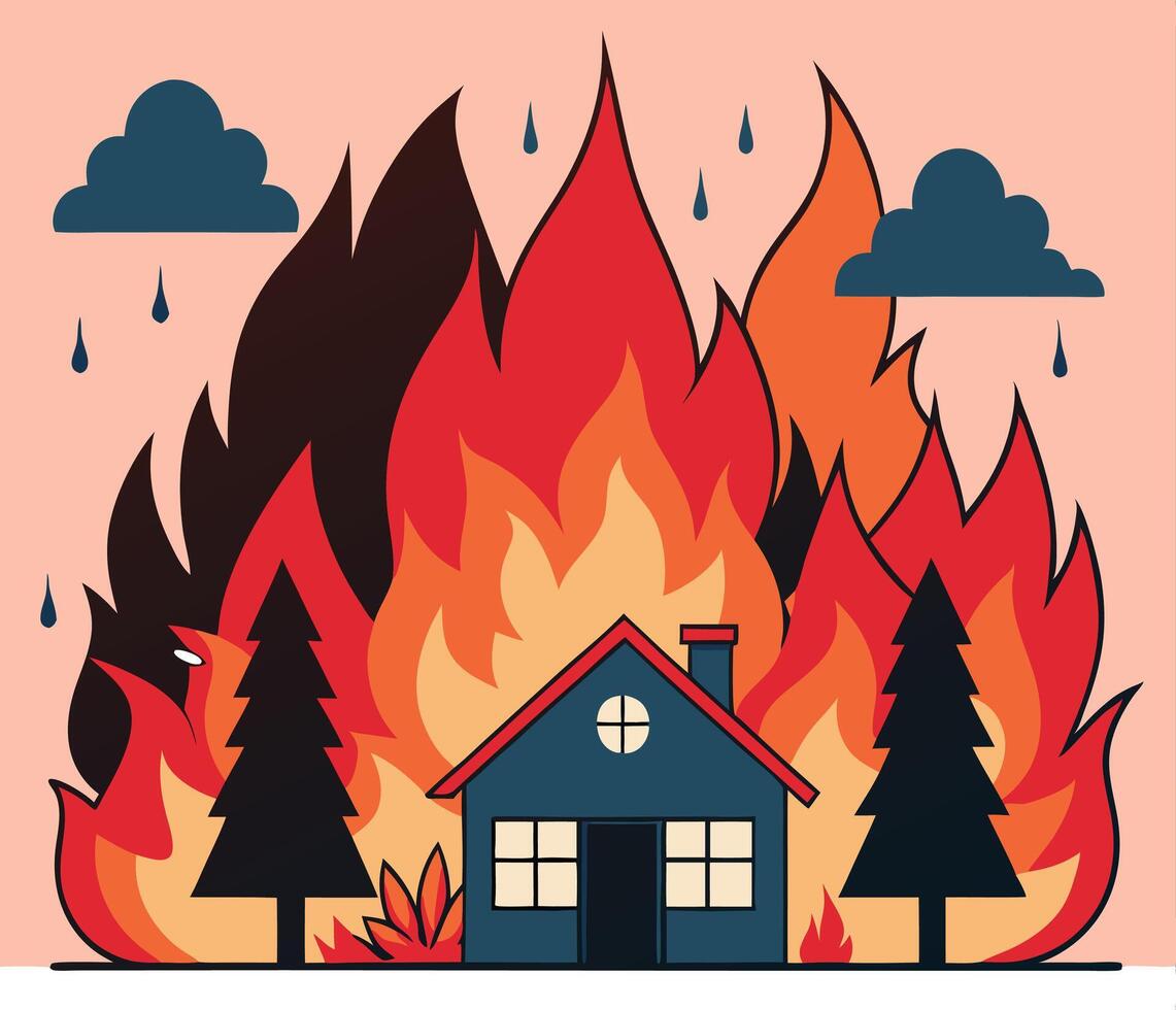 Cartoon House Surrounded By Fire Disaster Concept With Rain Clouds Illustration vector