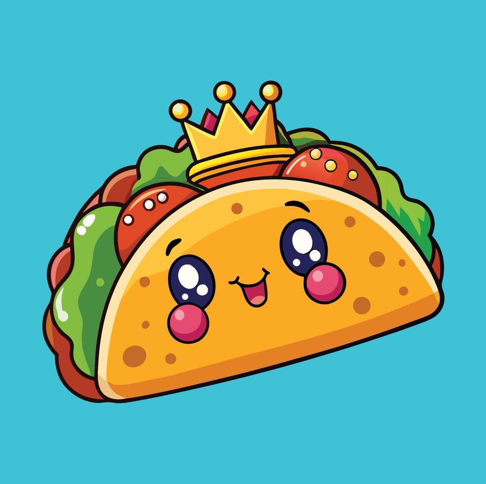 Cute Cartoon Taco Character Wearing A Golden Crown With Big Eyes On Turquoise vector