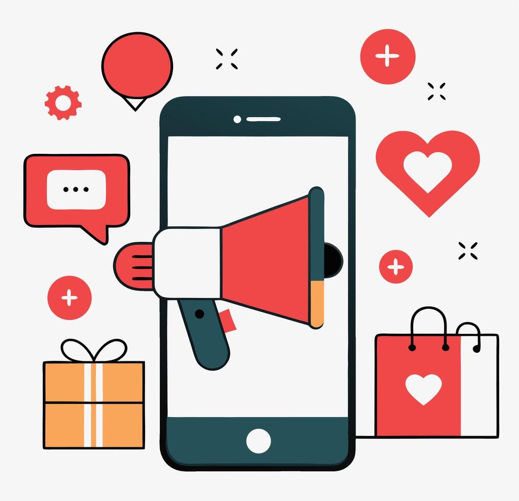 Digital Marketing Illustration Mobile Phone With Shopping And Social Media Elements vector