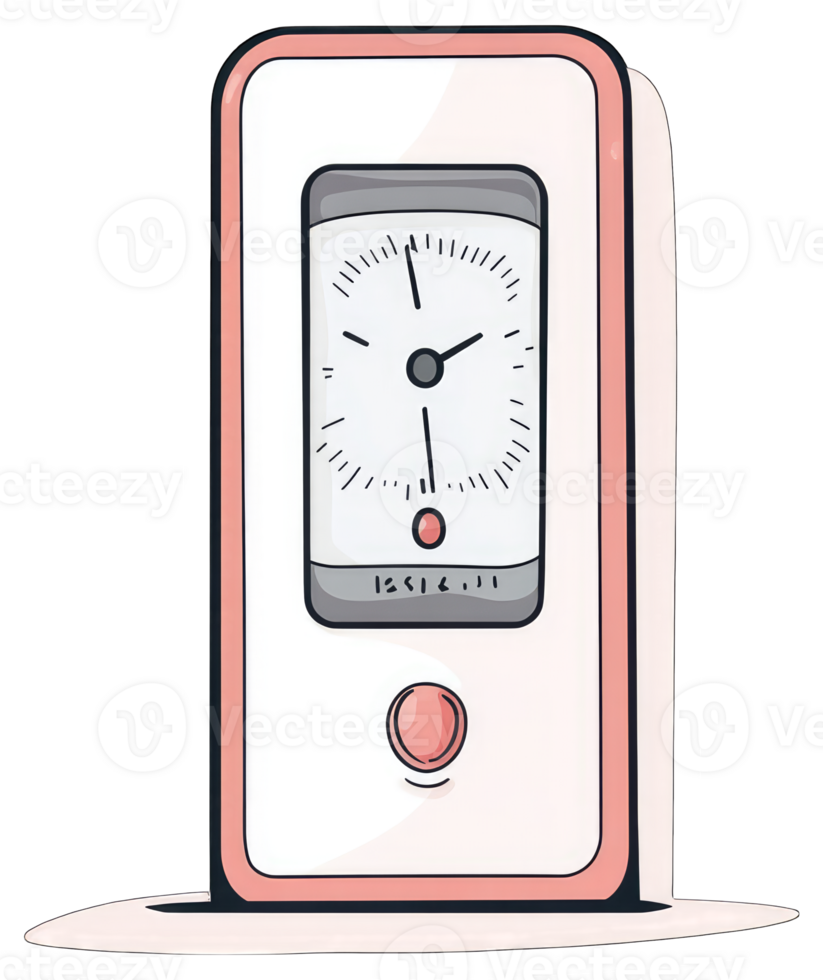 A pink alarm clock with a red button png