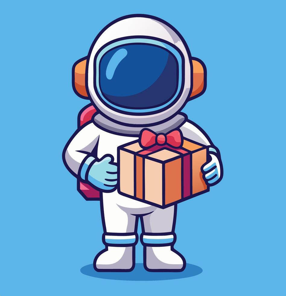 Cartoon Astronaut Delivering A Present With Bow Isolated On Blue Background vector