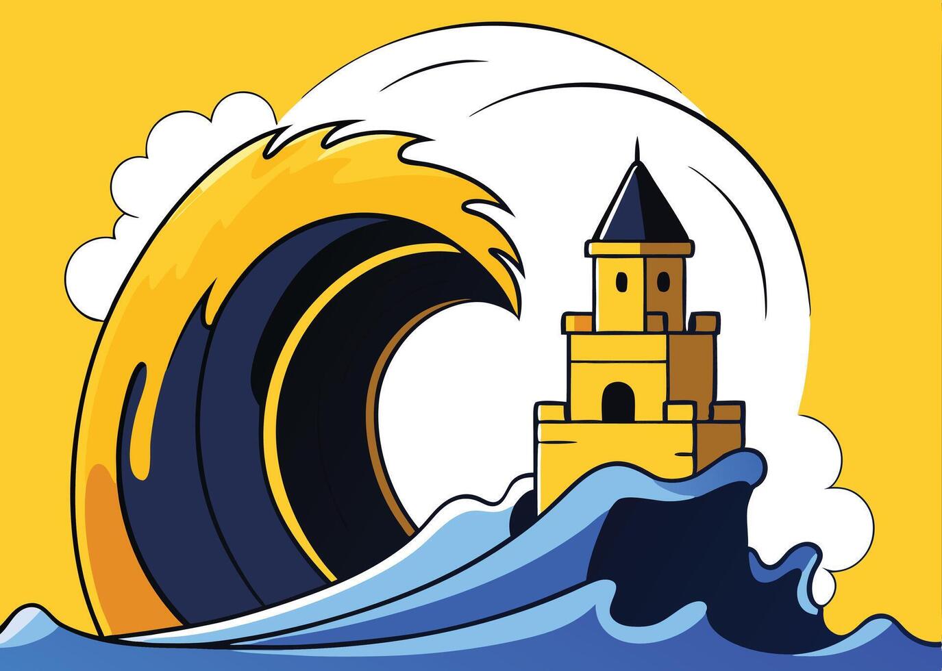 Cartoon Lighthouse On Island With Big Wave Yellow Background Illustration vector