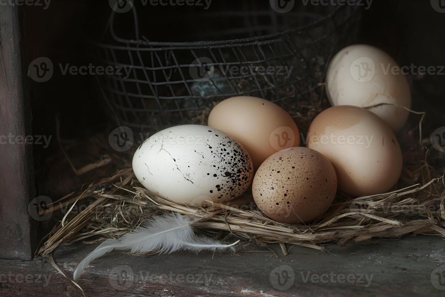 Rustic still life bird eggs in nest with feather photo