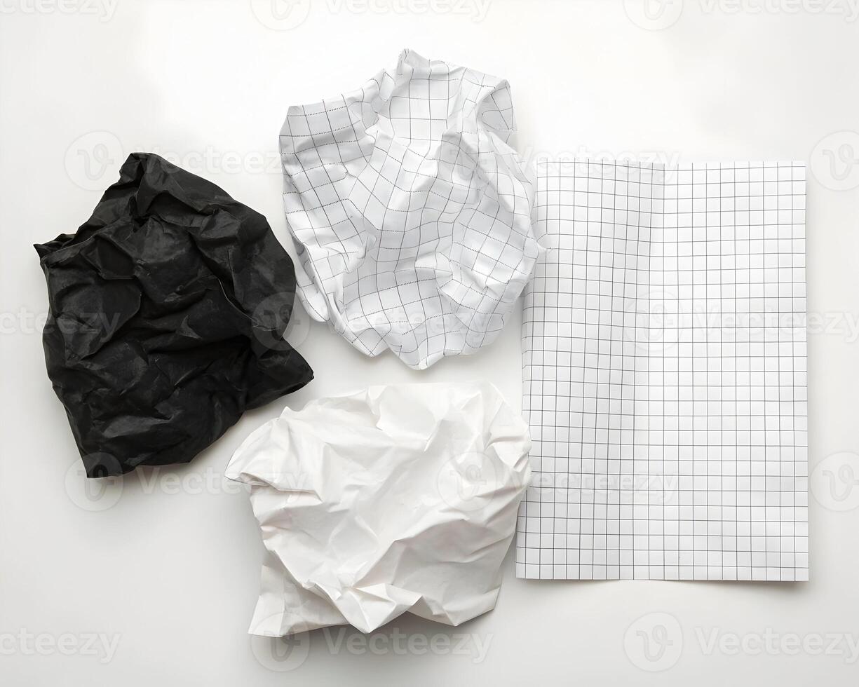 Crumpled paper balls and square grid paper on a white background, flat lay, top view, studio shot photo
