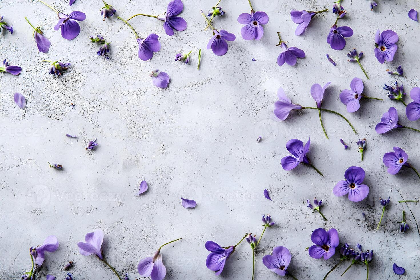 Elegant Purple Flowers Flatlay Design Spring Floral Background top grey soft card view life bloom photo