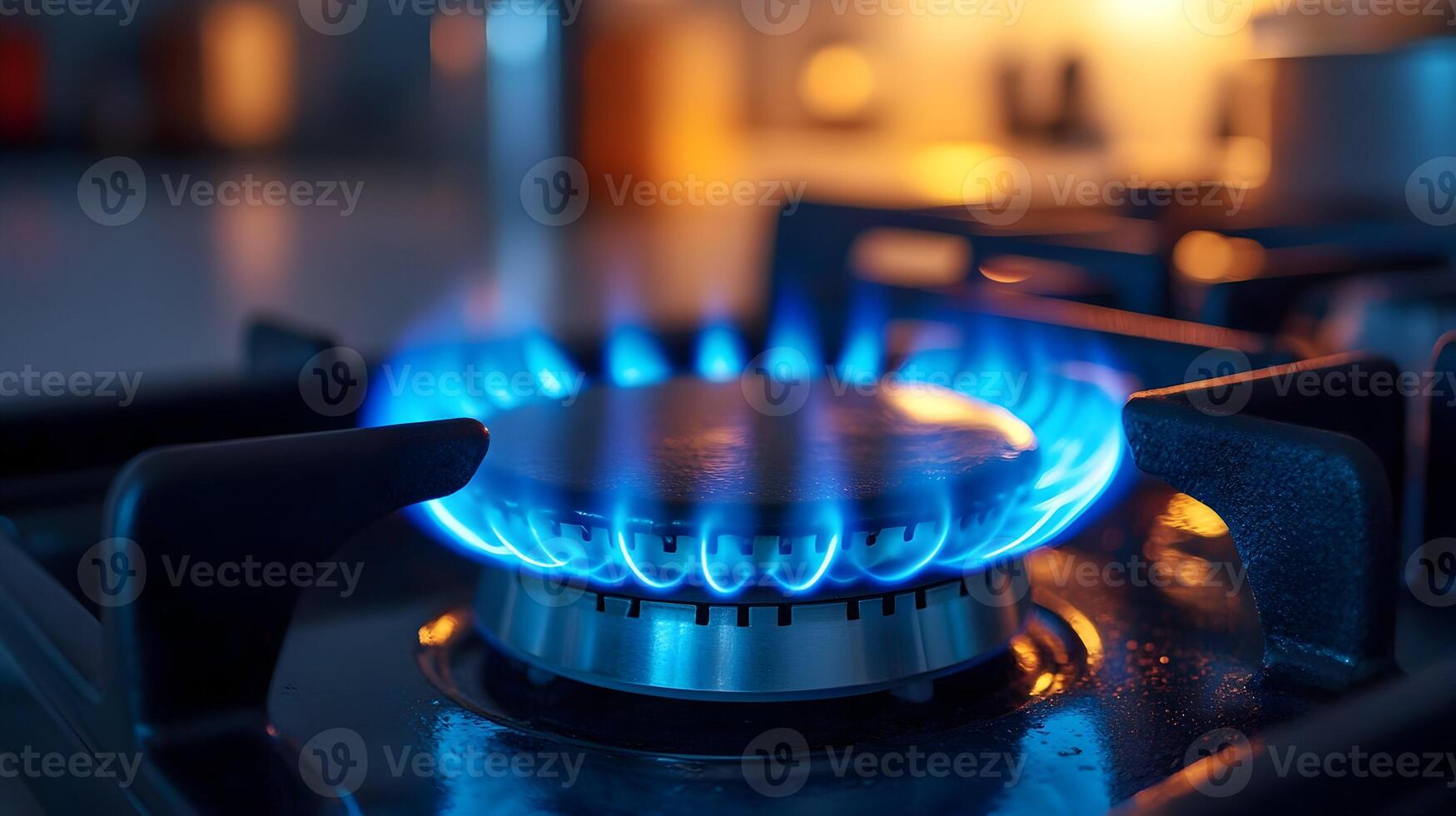 Blue Gas Flame Burning on Modern Kitchen Stovetop Hot Heat Fire Home Fuel Food Dark Glow Power Light photo