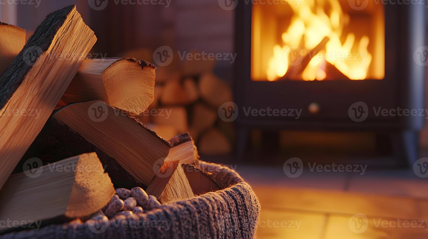 Close up of firewood in a basket with a fireplace burning in the background creating a cozy atmosphere photo