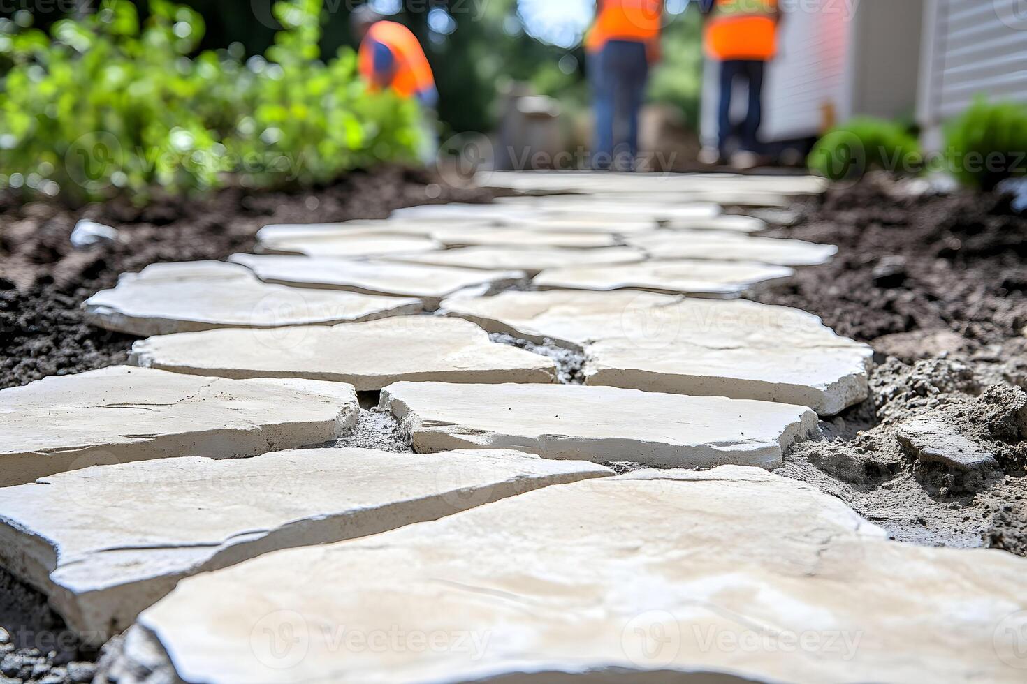 Stone walkway construction with natural textures and sunny outdoor photo
