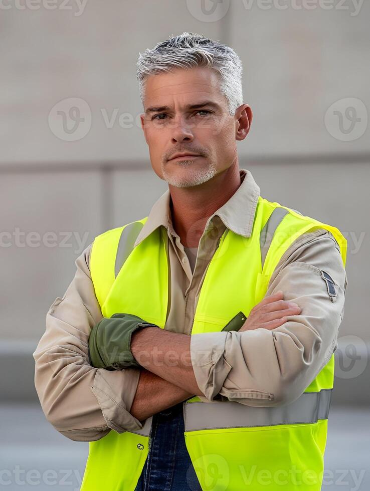 Confident caucasian adult male construction worker in neon yellow vest photo