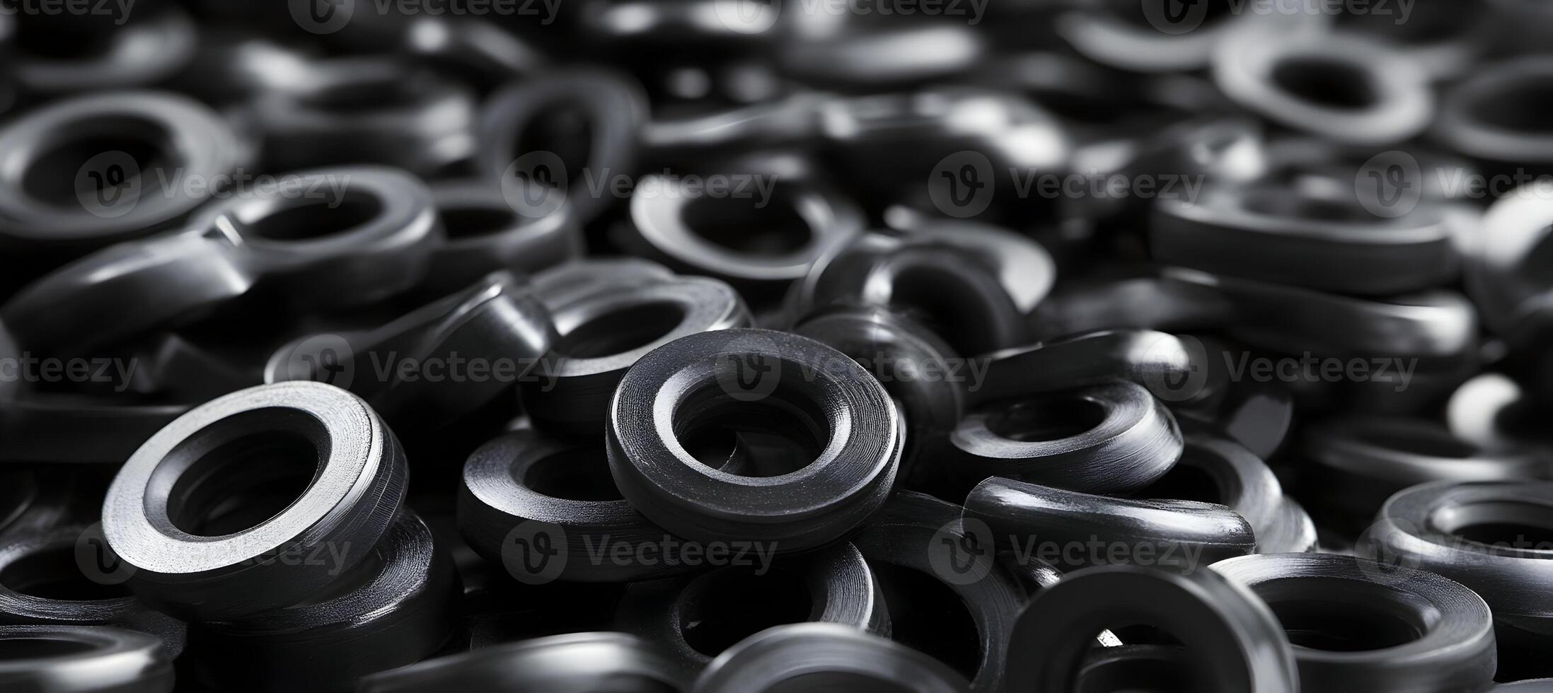 Close-up of black rubber O-rings arranged in a pile, highlighting texture and industrial design photo