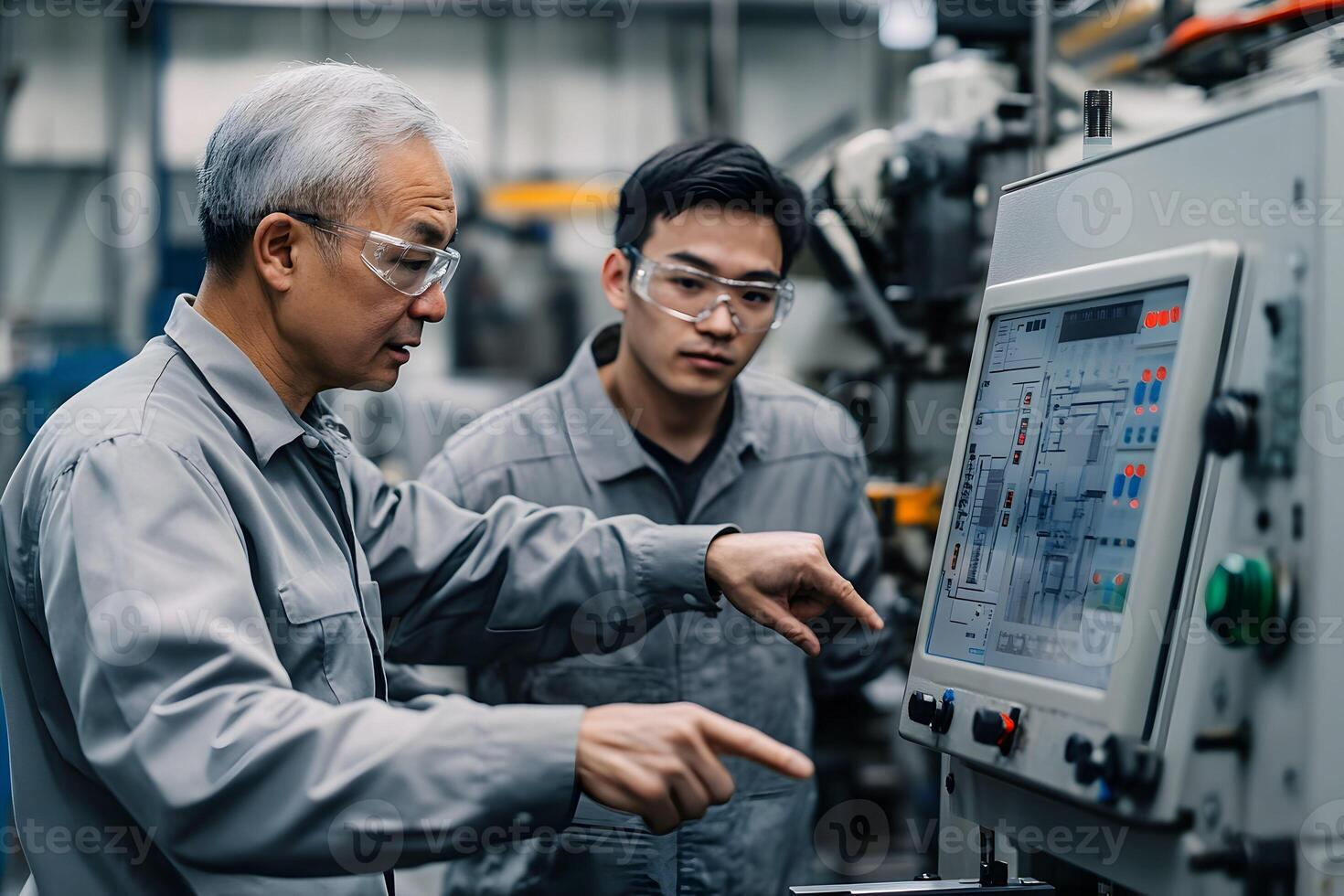Two engineers analyze data on industrial equipment interface, collaborating to enhance production processes in an advanced manufacturing facility photo