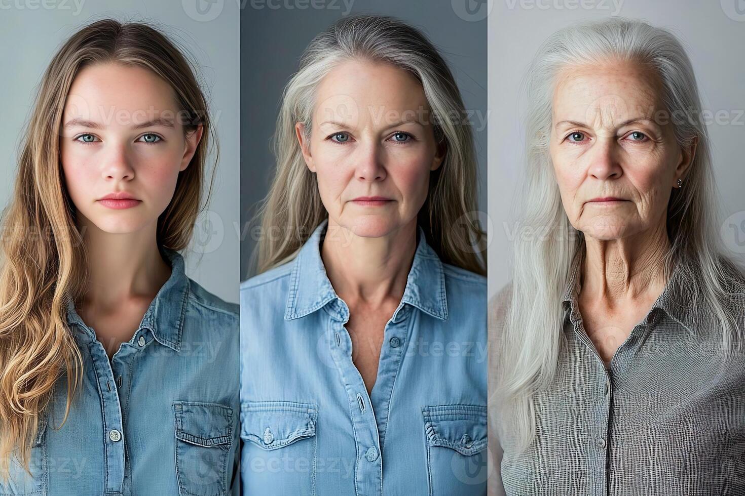 Three Generations Women Portraits Studio Shot Elegant Silver Hair Gray Blue Denim age grey time life photo