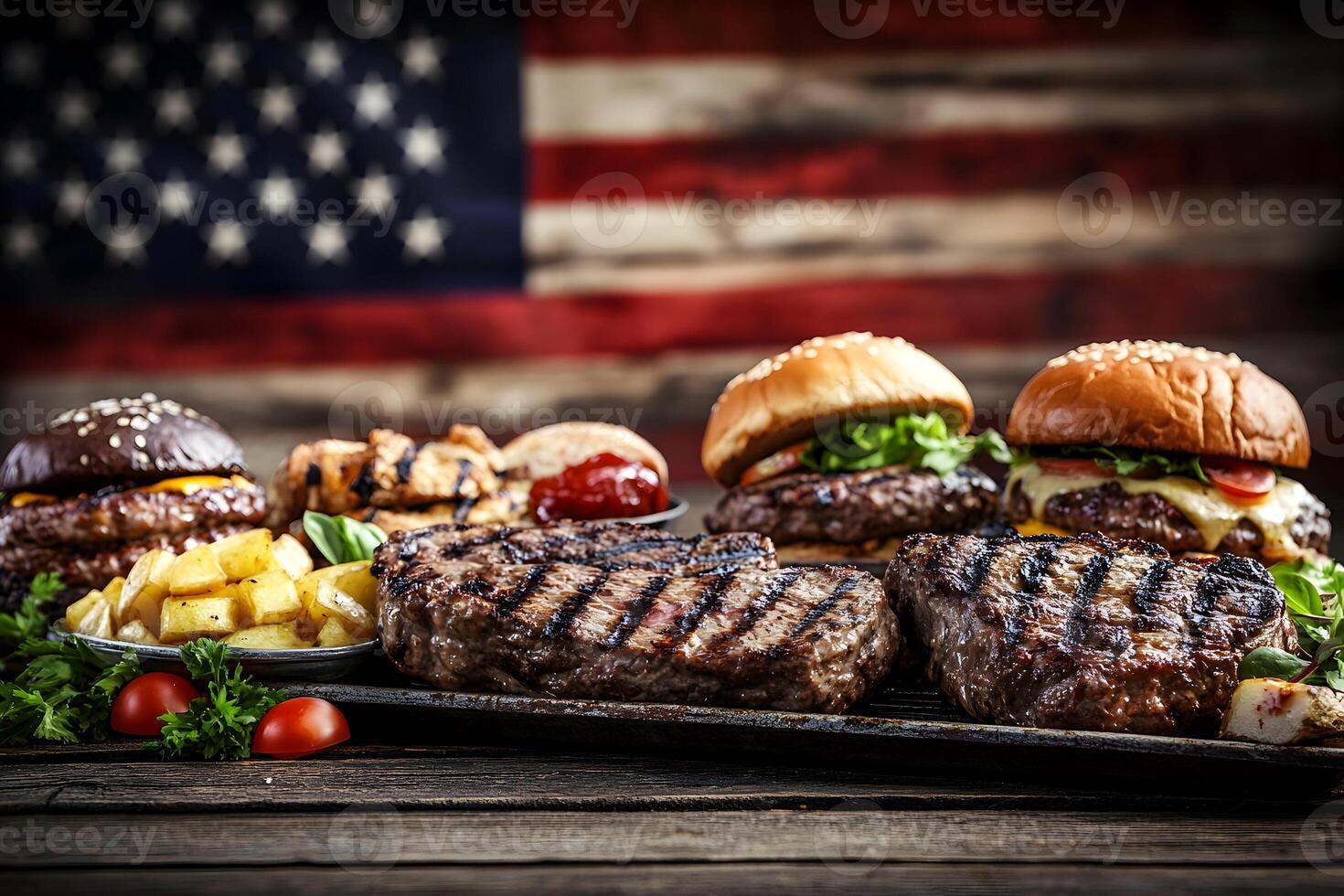 a mouthwatering spread of burgers and steaks set against the backdrop of the American flag photo