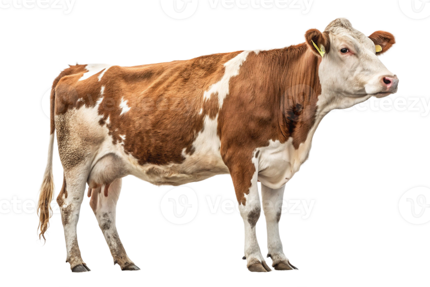 full body of a brown and white cow full-length standing in front of an isolated png