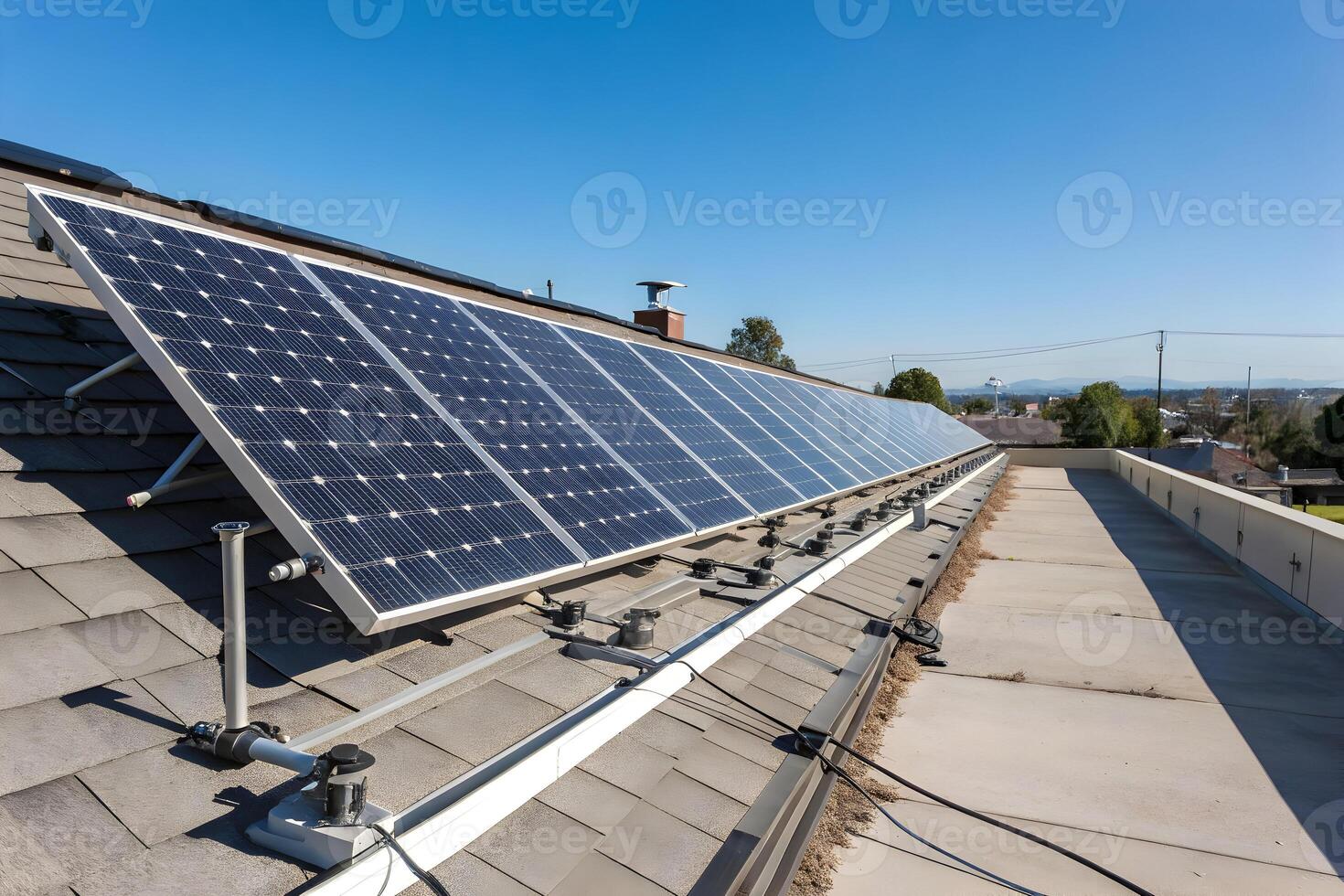Row of solar panels mounted on a building roof against a clear blue sky, showing detailed mounting system photo