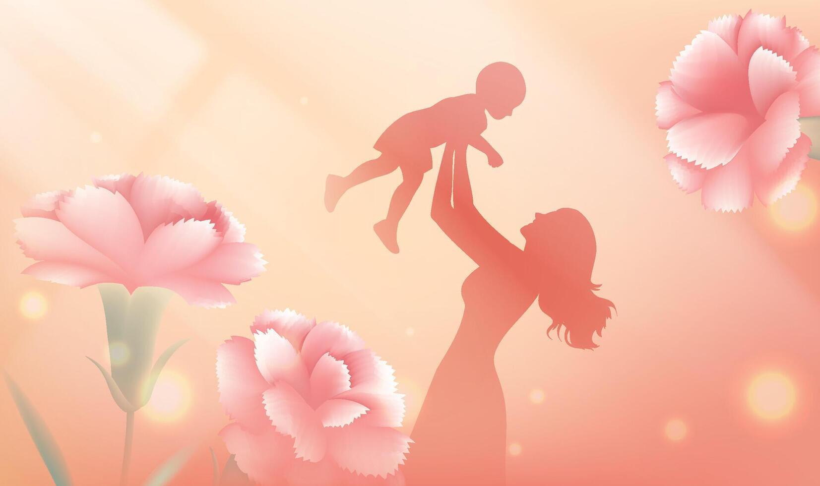 Mother's Day horizontal illustration of carnations and mother and son in the sun vector