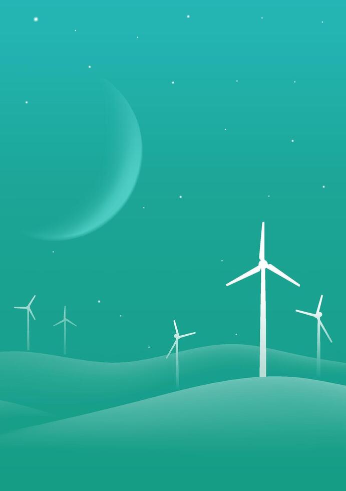 Environmental silhouette style vertical illustration of mountains and windmills vector