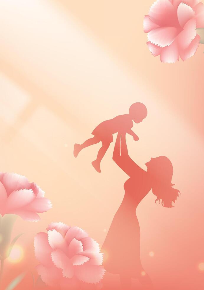 Mother's Day vertical illustration of carnations and mother and son in the sun vector