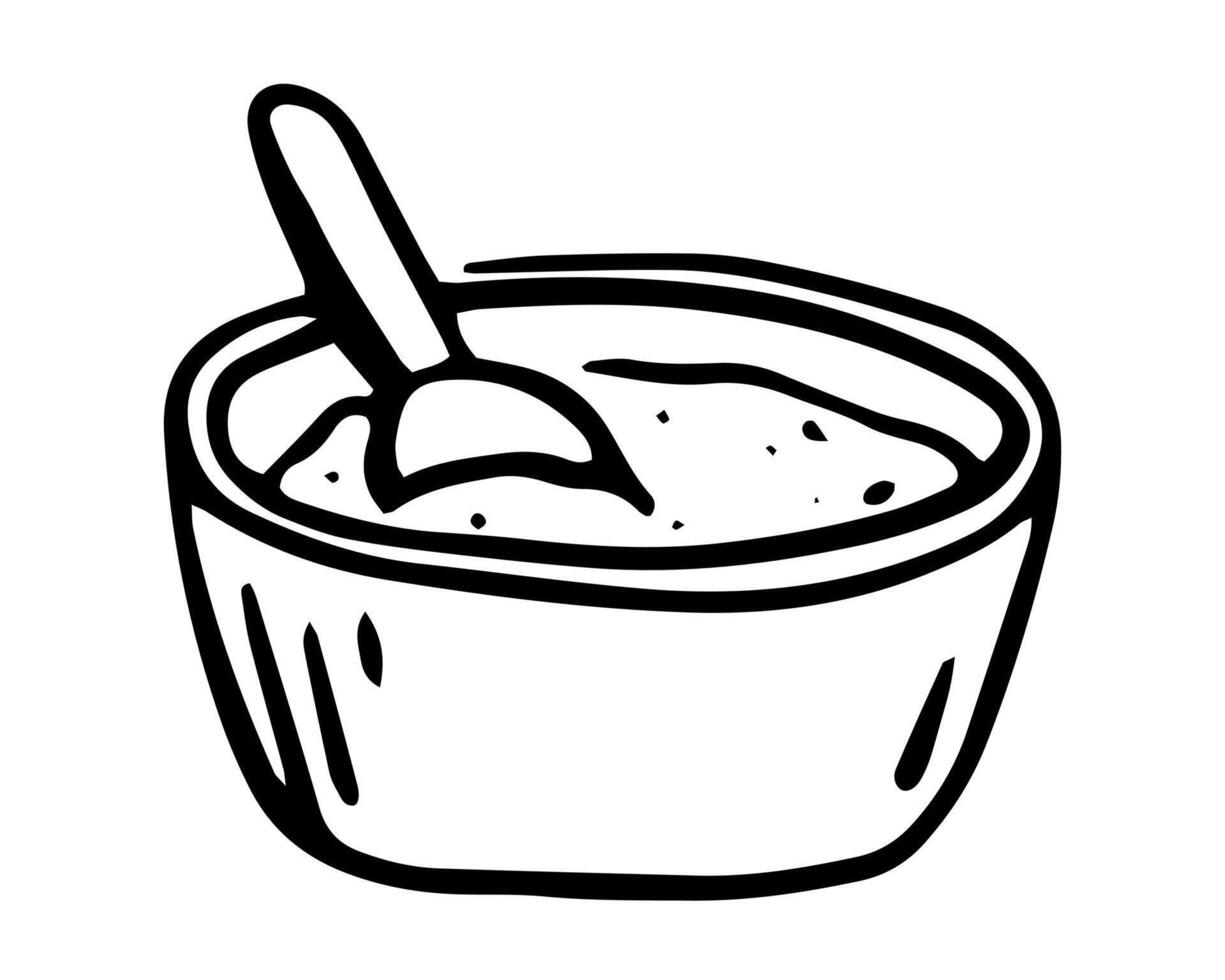 Food bowl illustration on isolated background. Naive Linear contour icon food container for logotype or design kitchen. Black and white contour drawing porridge spoon. vector