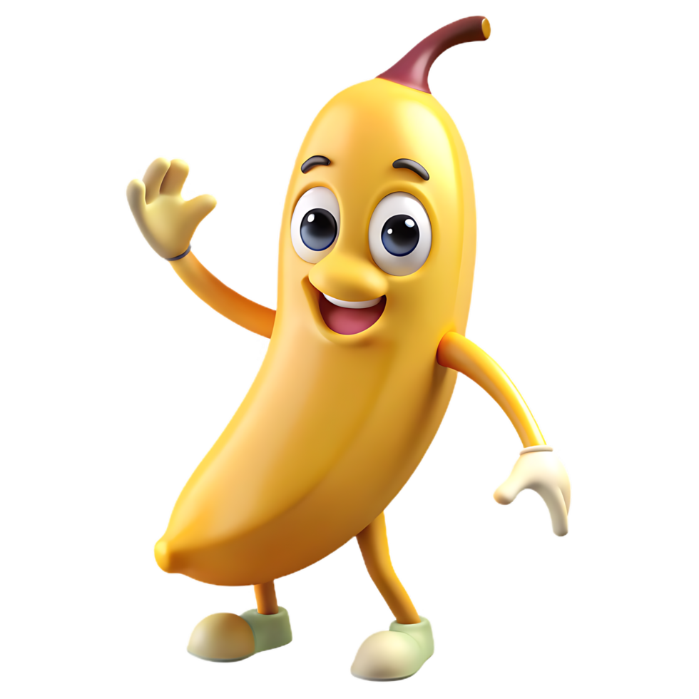 Funny smiling banana cartoon character with a happy face in a cute and colorful 3D illustration png