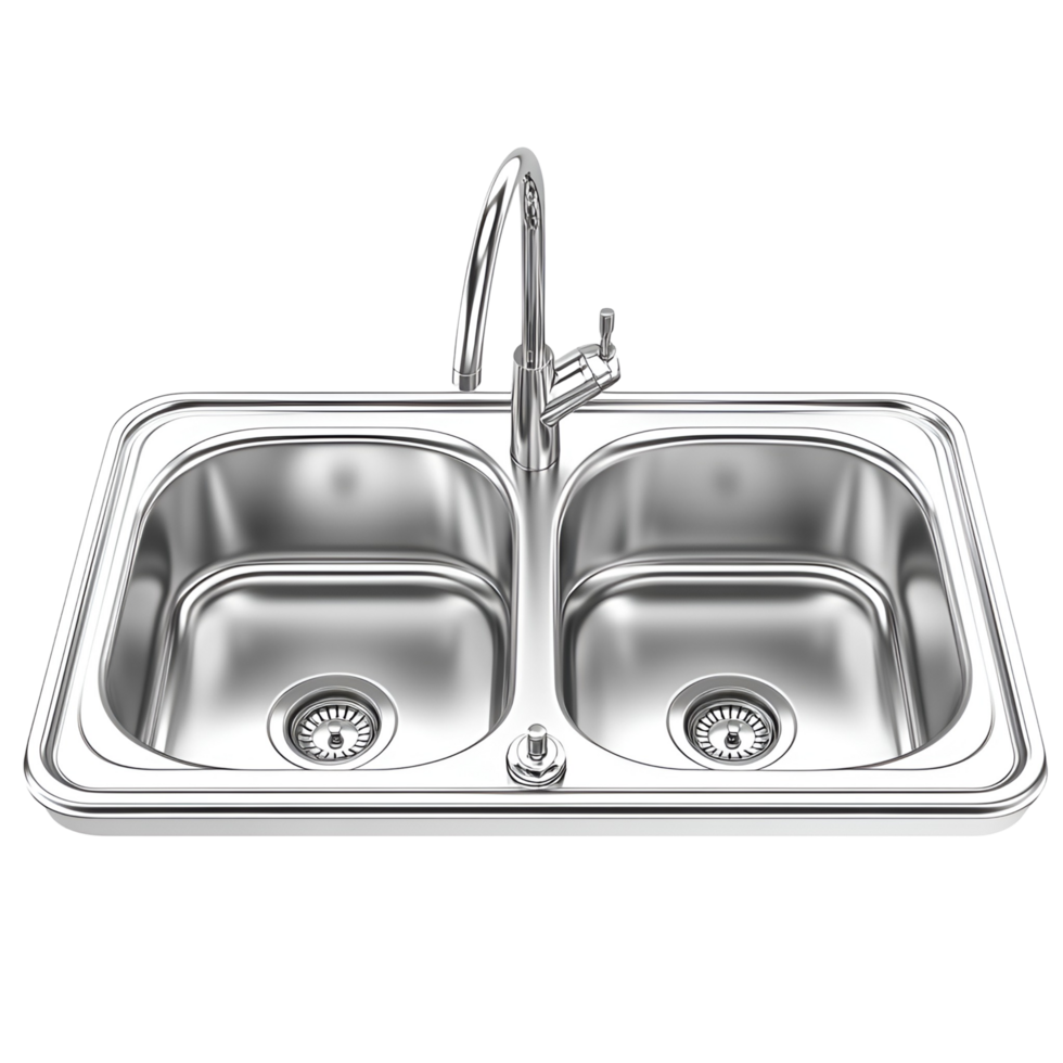 Modern Stainless Steel Kitchen Sink with Faucet and Drain on Transparent Background png