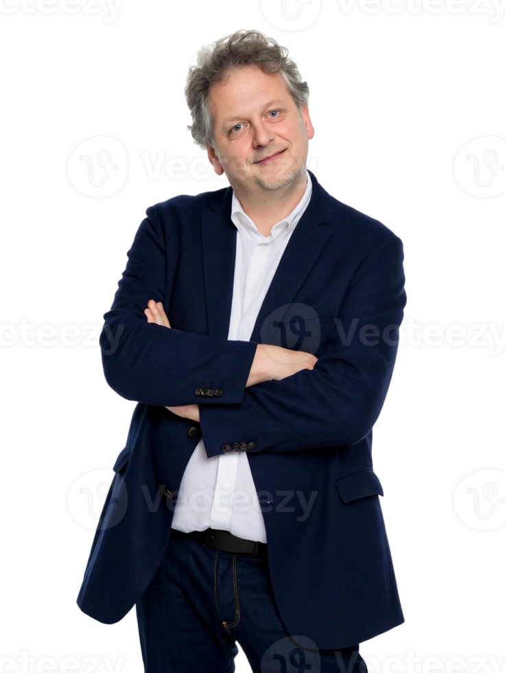 Portrait of a confident man in a suit with arms crossed against a transparent background in studio shot png