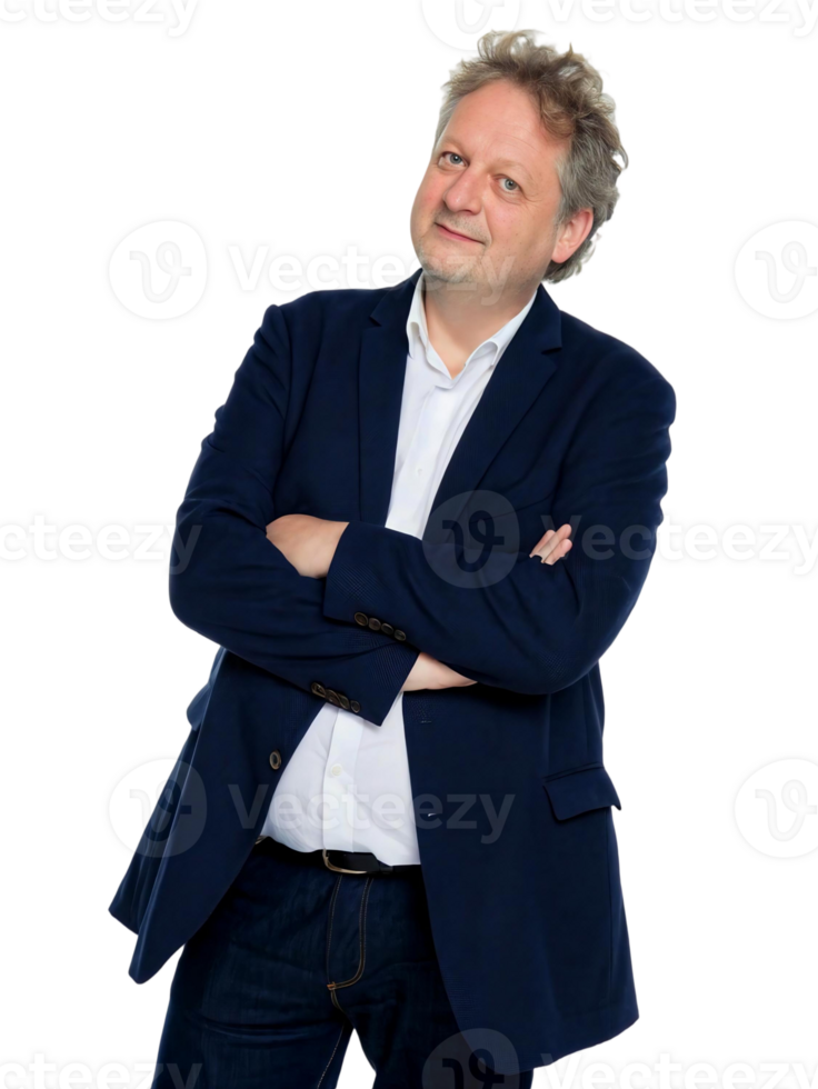 Man in a suit with arms crossed looking at the camera on a transparent background with a slight smile png