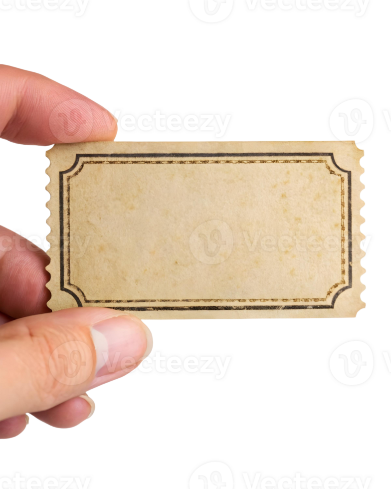 Hand holding an old fashioned blank ticket with decorative border against a transparent background png
