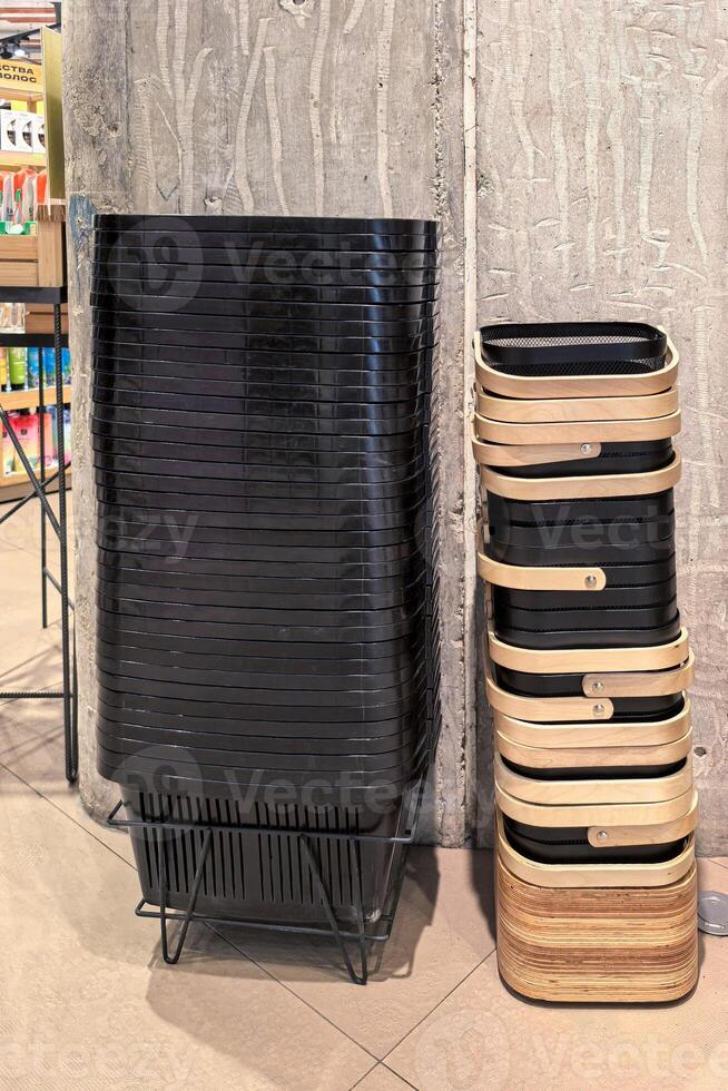 Stack of Shopping Baskets in a retail store photo