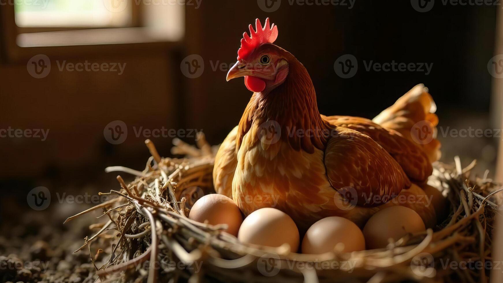 Hen Sittingo on the Nest with Fresh Eggs in a Barn. photo