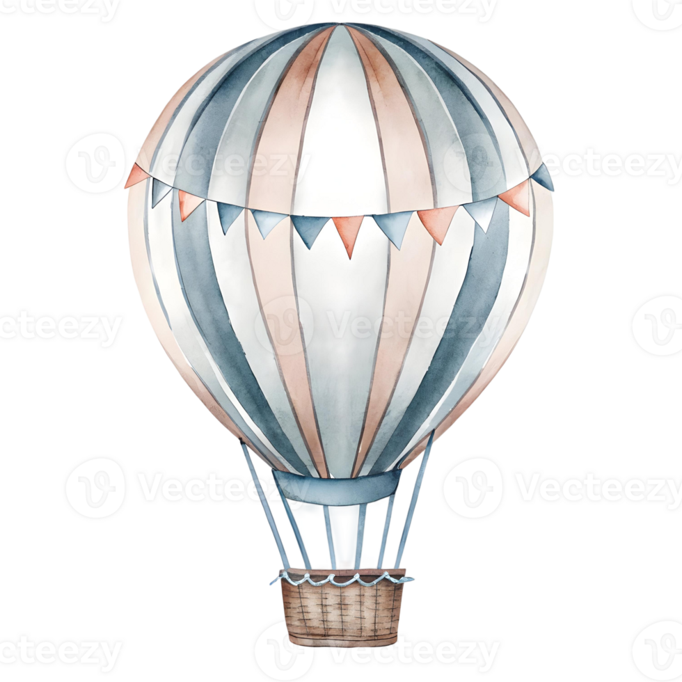 A watercolor painting of a hot air balloon with stripes and a basket isolated on transparent background png
