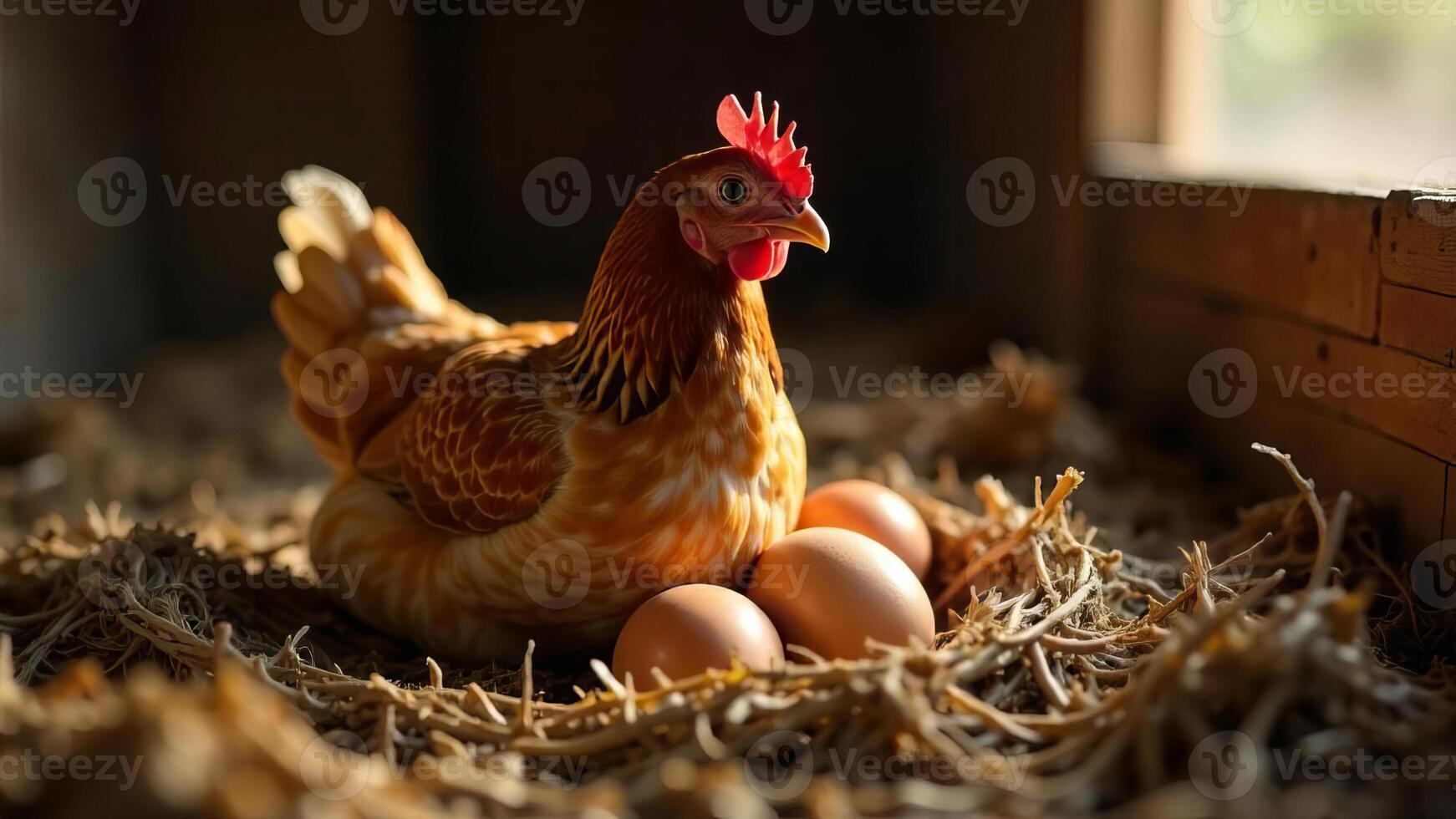 Brown Hen Sitting in the Nest with Fresh Eggs in a Barn. photo