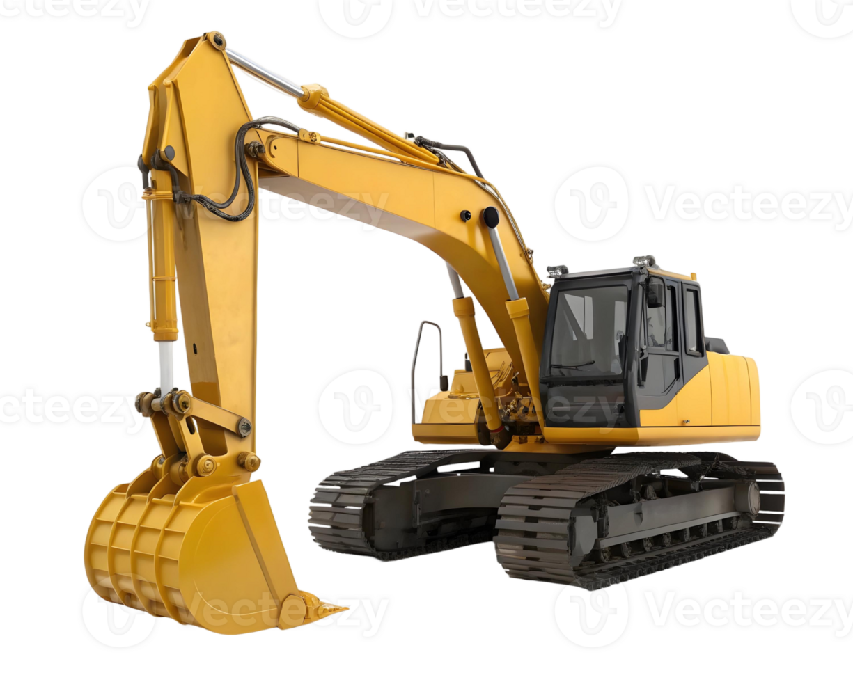 Large yellow excavator with detailed textures, isolated on transparent background png