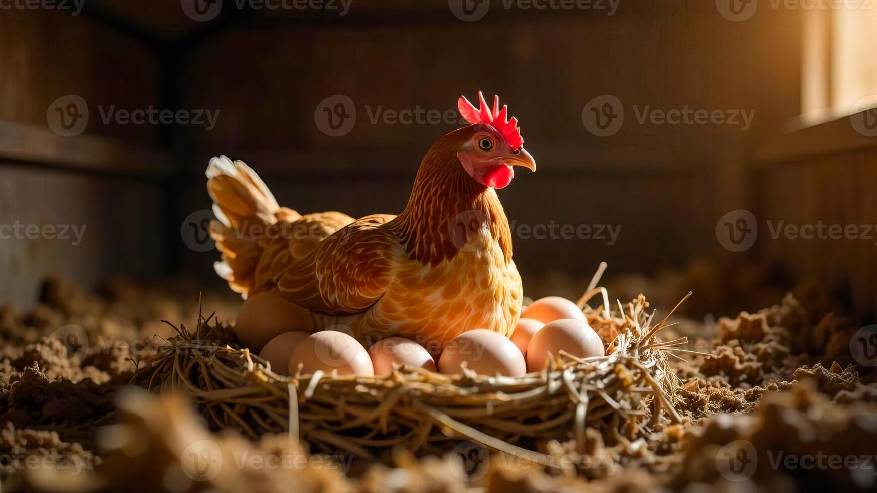 Hen Sitting in the Nest with Eggs in a Barn. photo