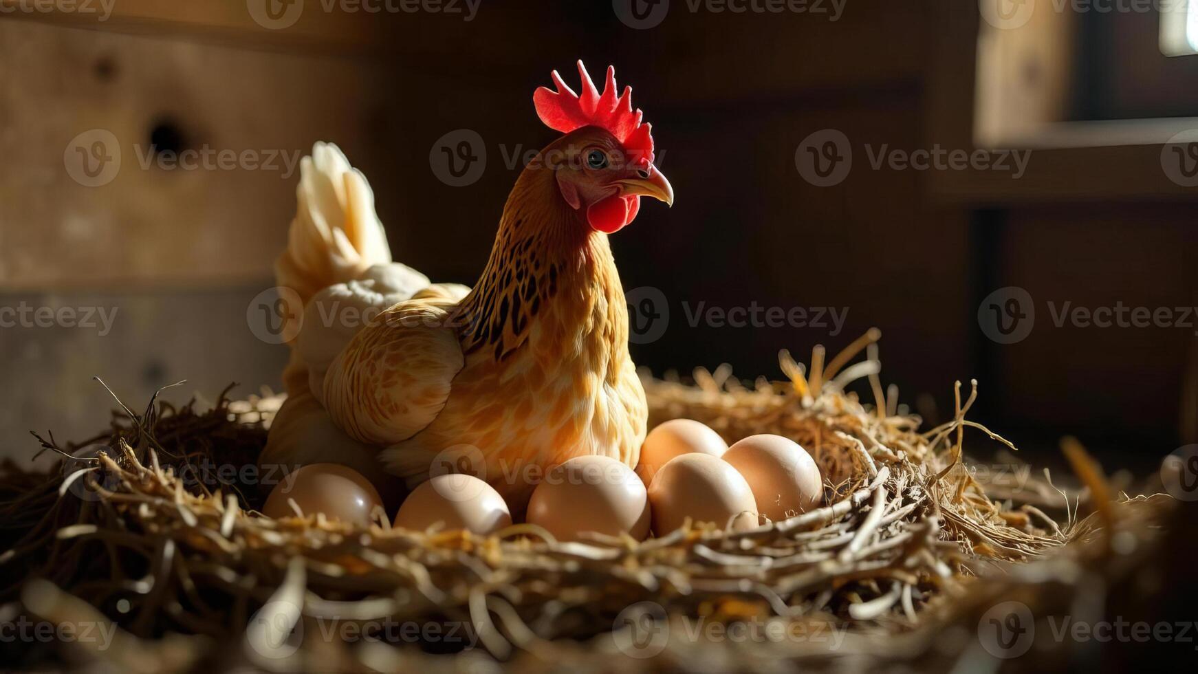 Hen Sitting in the Nest with Fresh Eggs in a Barn photo