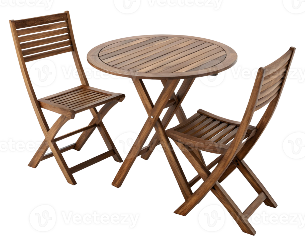 Wooden bistro set featuring a round table and two folding chairs against a transparent background studio shot png