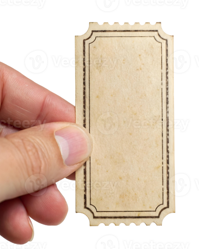 Hand holding an old fashioned ticket with a decorative border against a transparent background studio shot png