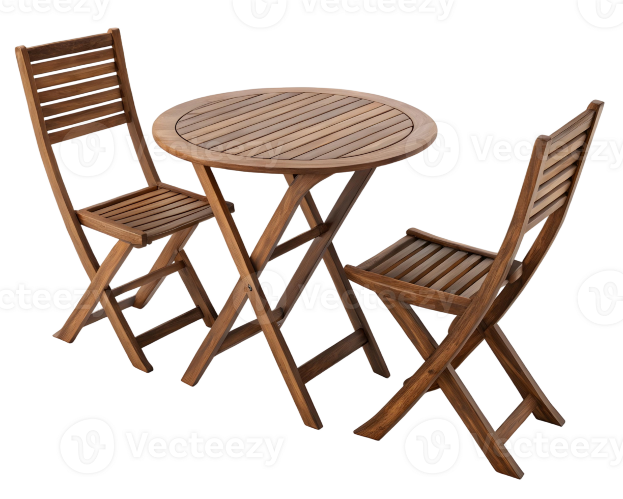 A wooden bistro set with a round table and two folding chairs on a transparent background for outdoor dining png