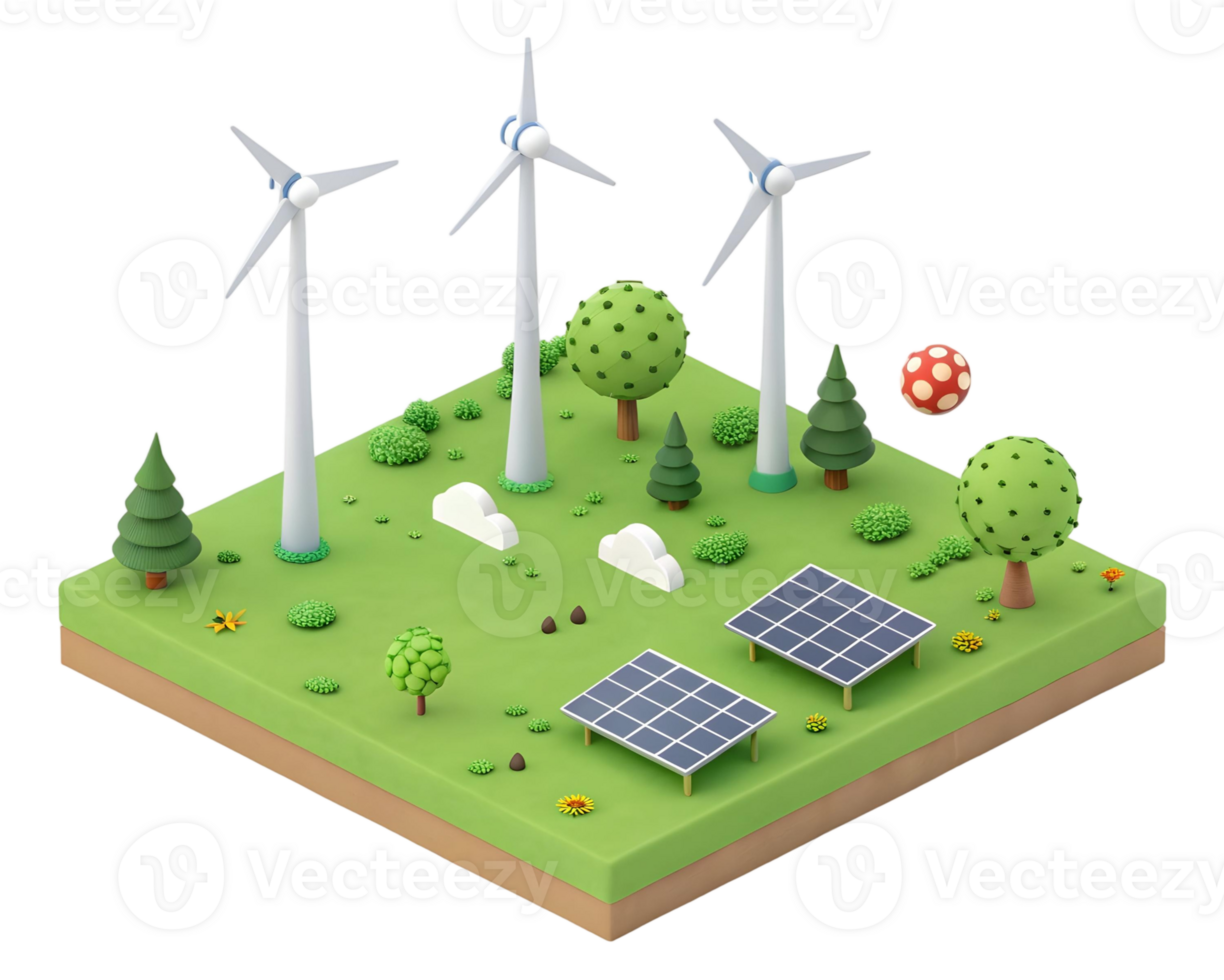 Isometric landscape with wind turbines, solar panels, and trees on a green field png