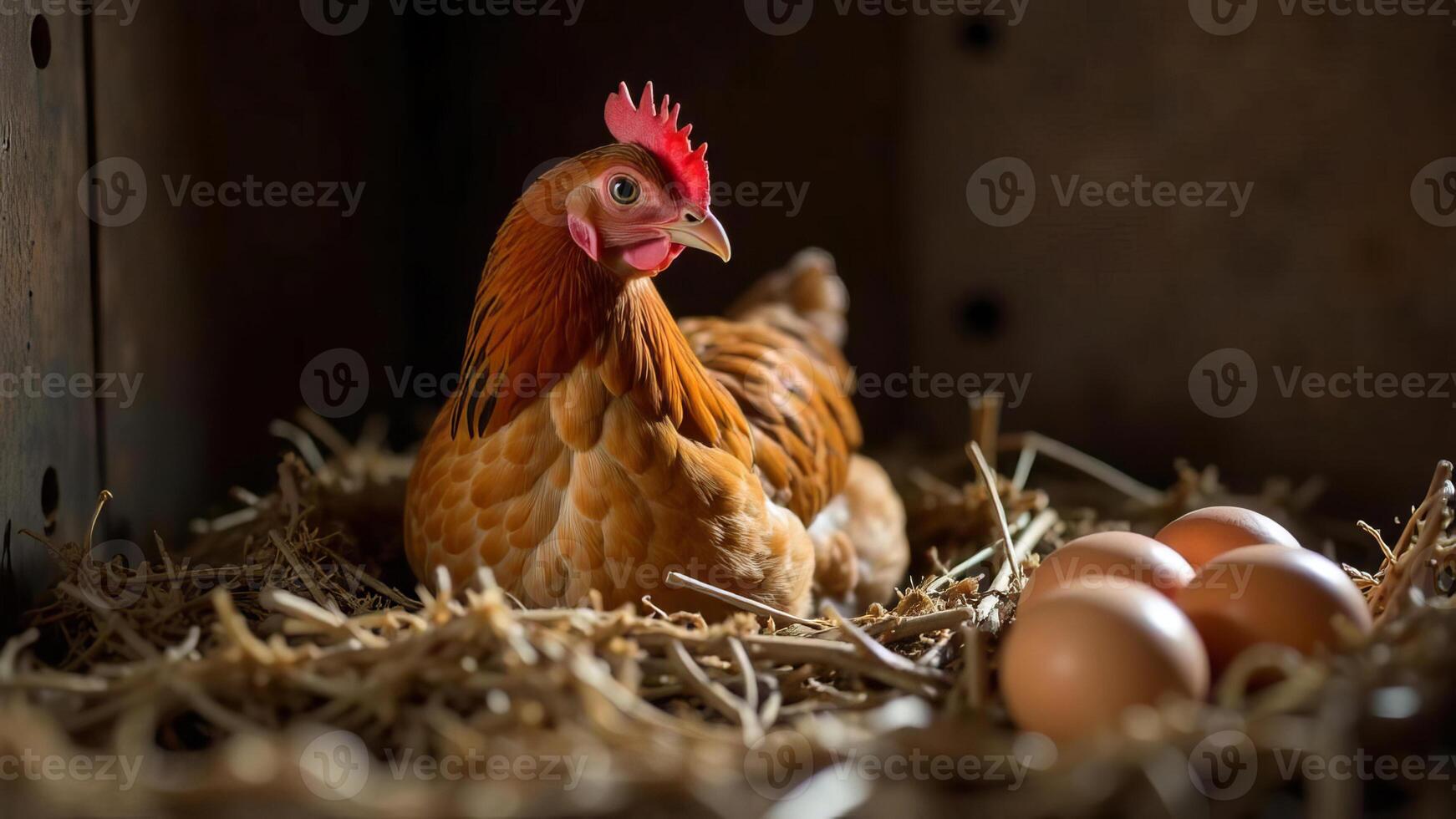 Hen Sitting in Nest with Fresh Eggs in a Barn. photo
