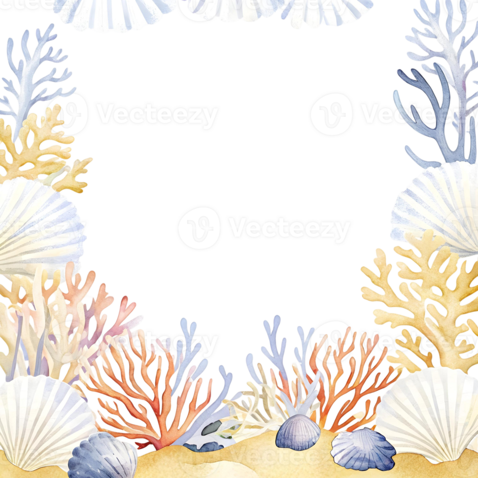 Watercolor Marine Frame with Coral, Seashells, and Ocean Themes png