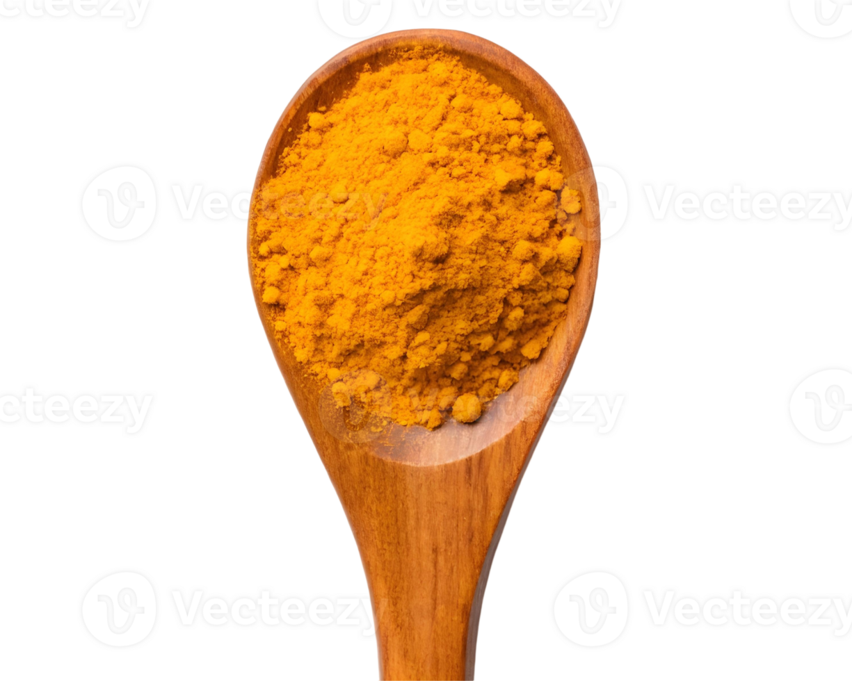 Wooden spoon overflowing with bright yellow-orange turmeric powder, isolated on transparent background png