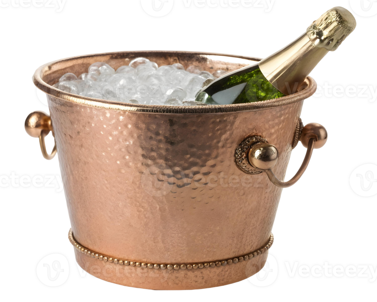 Champagne bottle chilling in a copper ice bucket filled with ice cubes on a transparent background studio shot png
