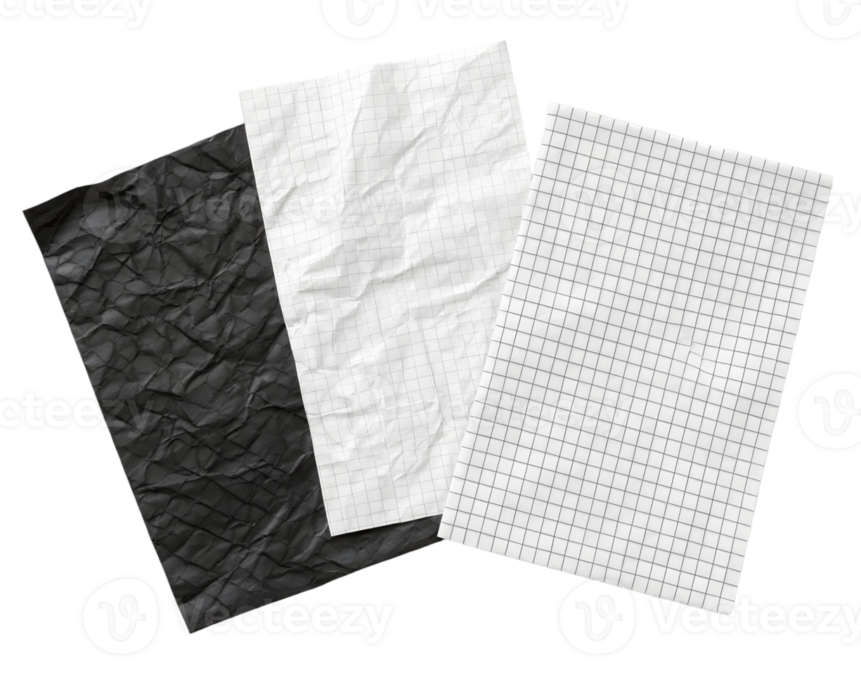 Three sheets of paper showing crumpled black blank and grid paper on a transparent background png