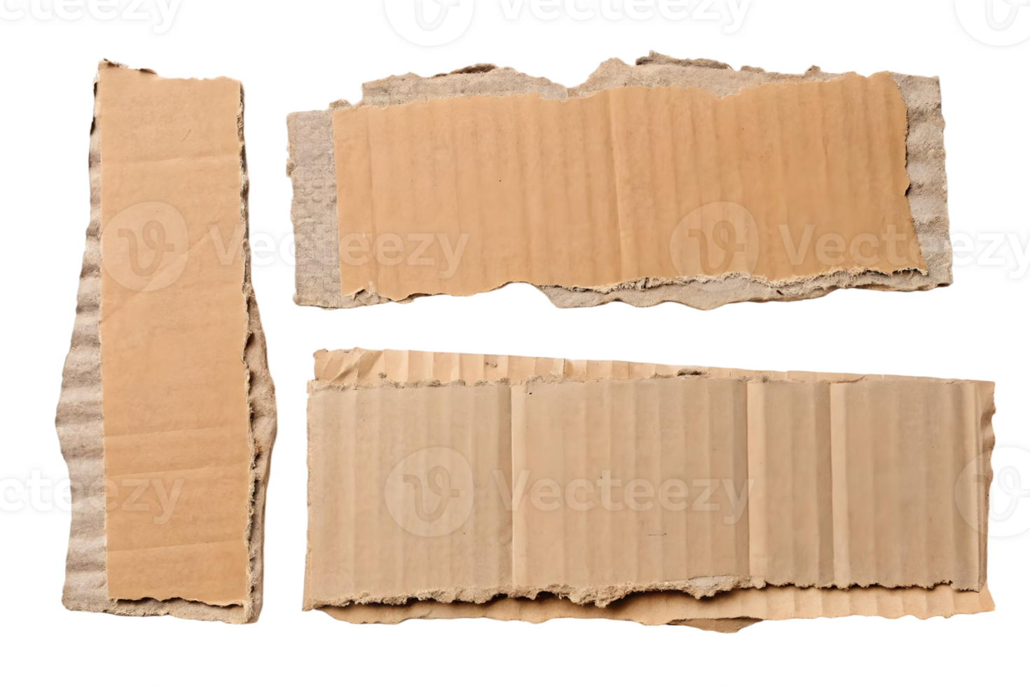 Isolated brown corrugated cardboard pieces with torn edges on a transparent background for graphic design use png
