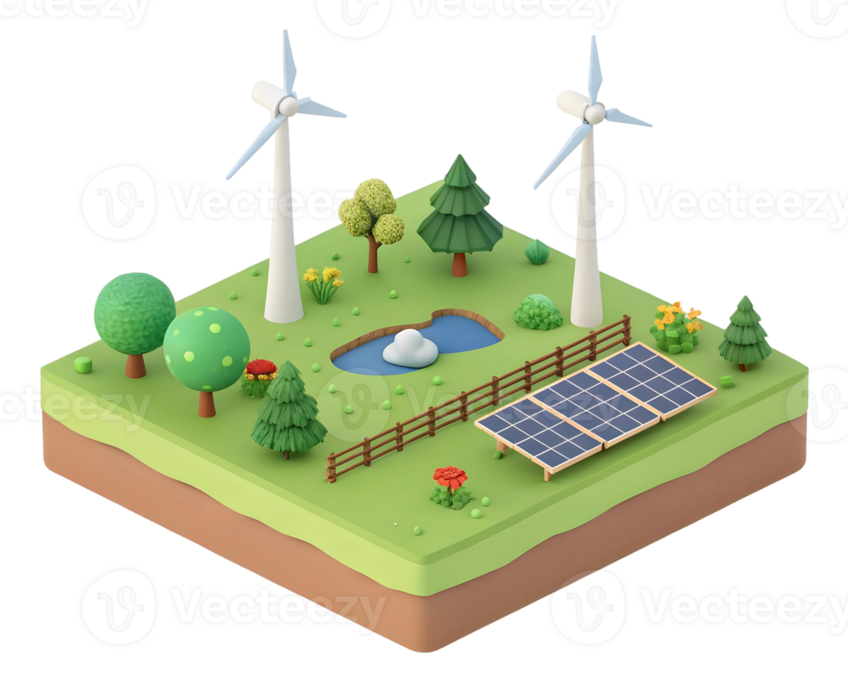 Isometric landscape with wind turbines, solar panels, pond, trees and fence on a green field png